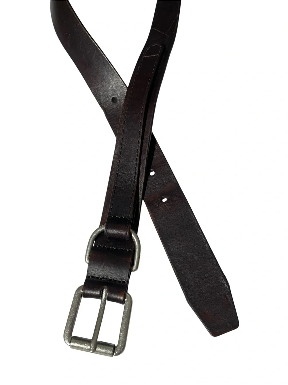 Vintage Men's Brown Leather Belt Double Silver Buckle Western City Hippie Sz 38